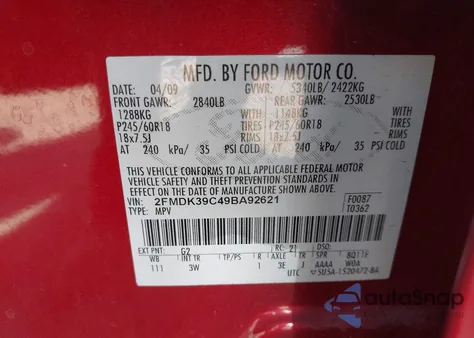 2009 Ford Edge Limited from USA, damaged, VIN 2FMDK39C49BA92621